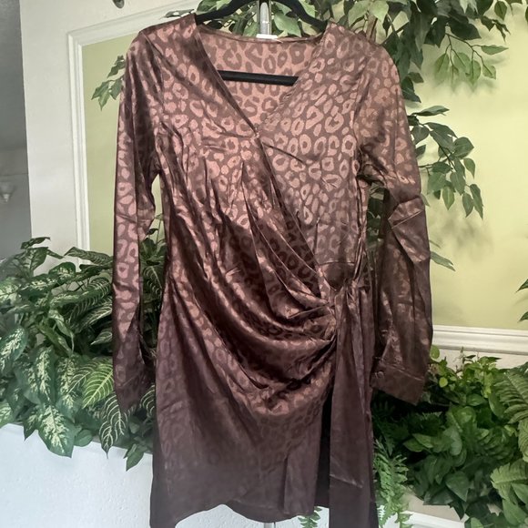 Wrap Style Satin-like Long Sleeve Mini Dress - Picture 1 of 6